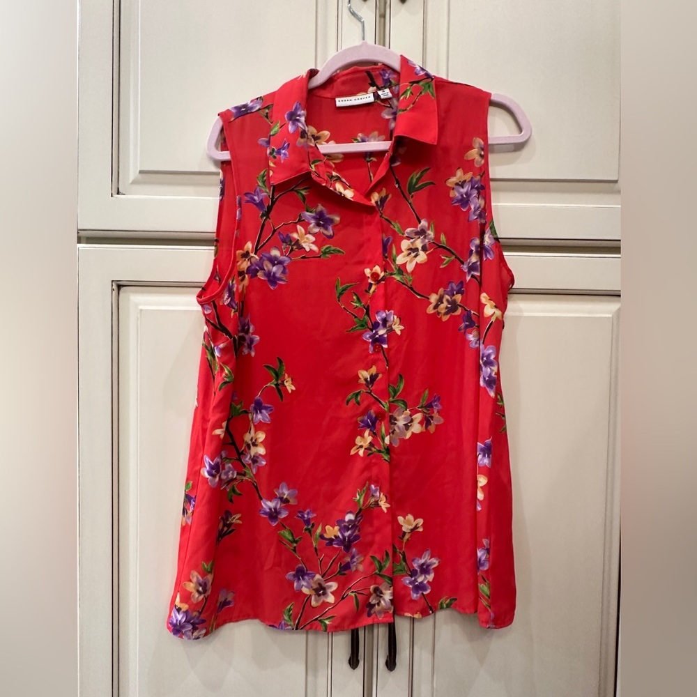 Susan Graver Floral Red Sleeveless Blouse